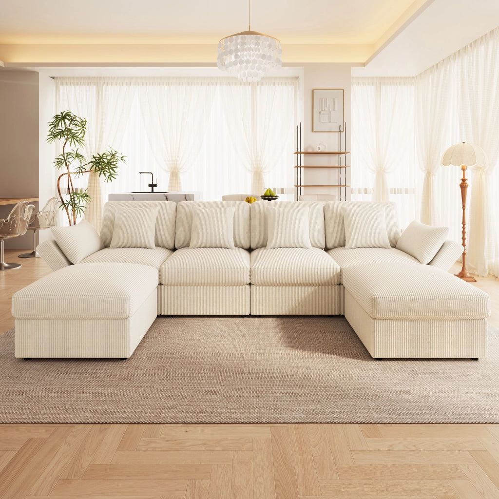 Divano angolare a U 4-6 posti con braccioli regolabili e pouf, in velluto a coste Beige