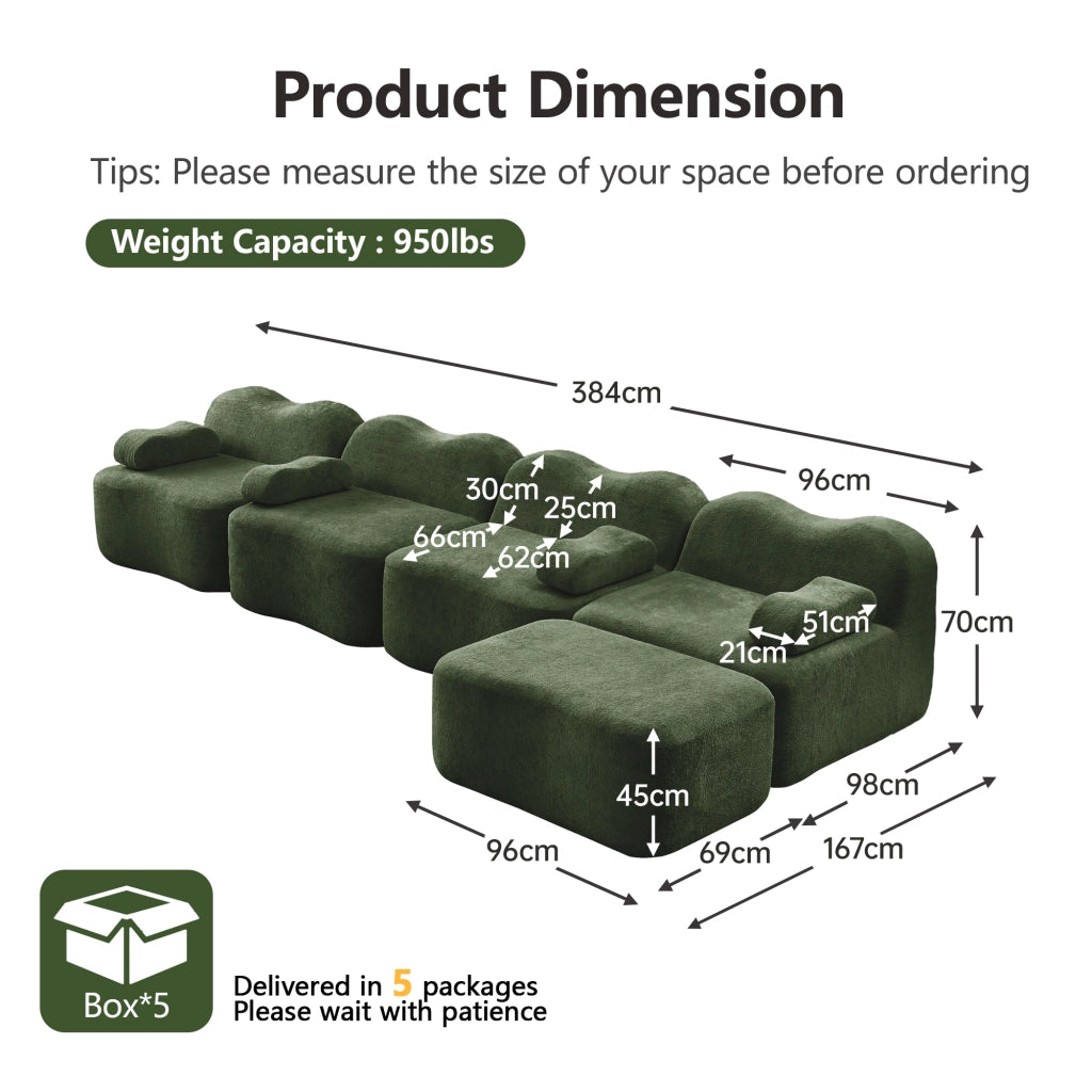 Divano Angolare Modulare 4 Posti con Ottoman ¨C MINIMAL ¨C Tessuto Verde, Cuscini Morbidi