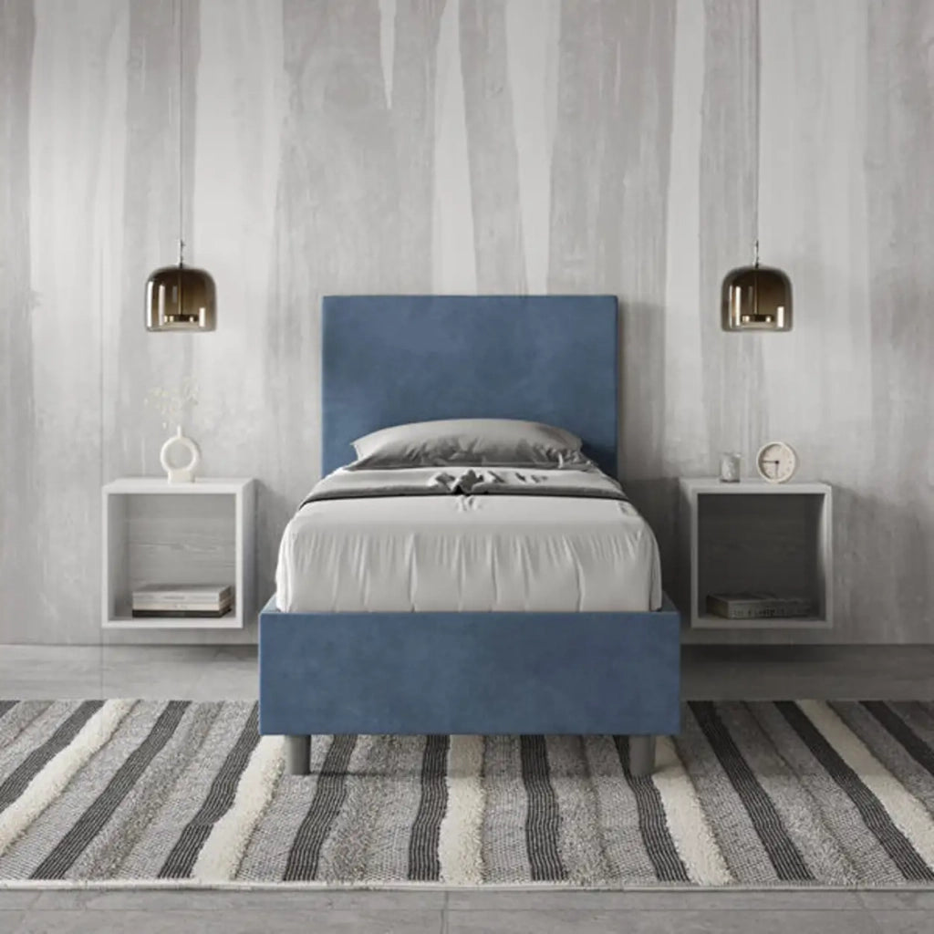 Letto singolo contenitore imbottito 80x210 microfibra blu Adele
