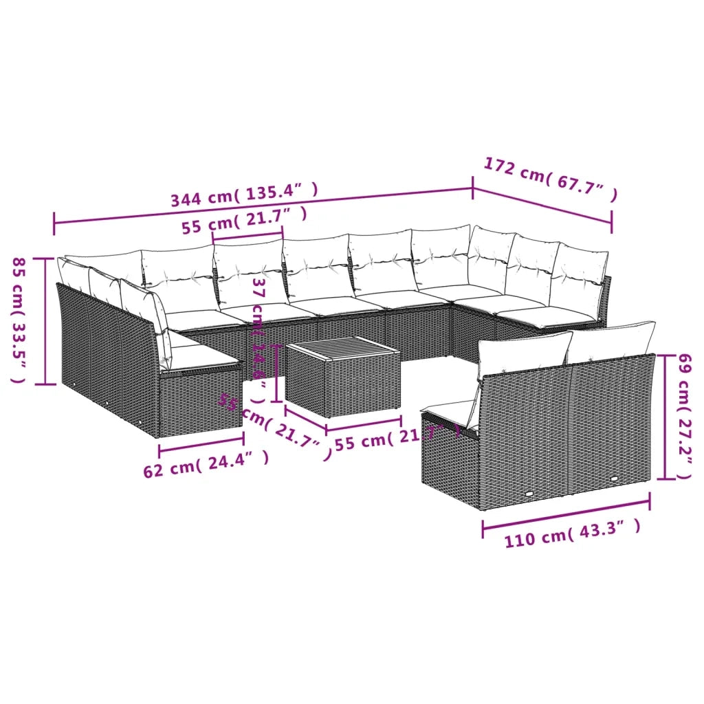 Set Divani da Giardino 13 pz con Cuscini Grigio in Polyrattan 3223897