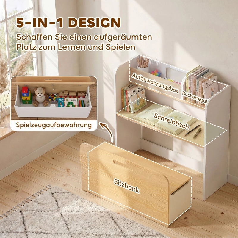 TAVOLO bambini 5 in 1 con libreria e panca rollabile bianco