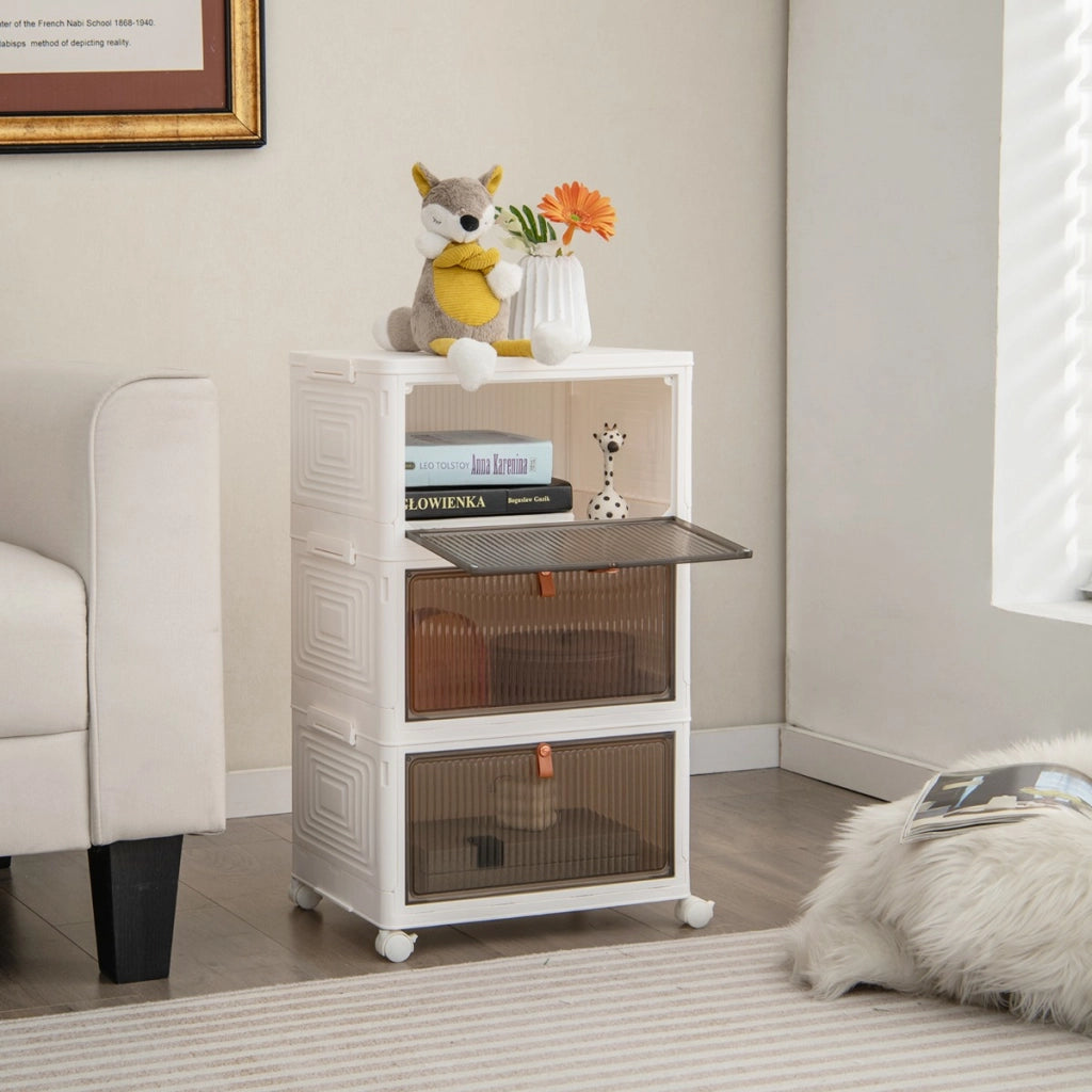 Scarpiera pieghevole a 3 piani con porte magnetiche ruote bloccabili, Mobile scarpe impilabile Bianco 40x27,5x64cm