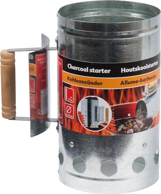 Accendino Portatile per BBQ - Stuzzicadenti per Carbone - Accendino per Carbone - 16 x 27 x 25,5 cm - Acciaio Inox Rivestito di Zinco - Maniglia in Bambù