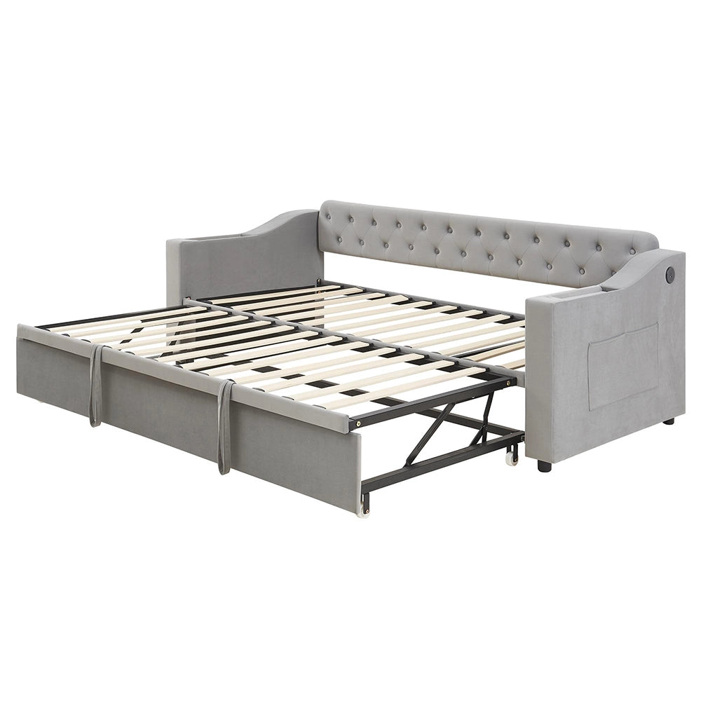 Divano letto - Xylo - 90/180x190 cm braccioli USB velluto grigio