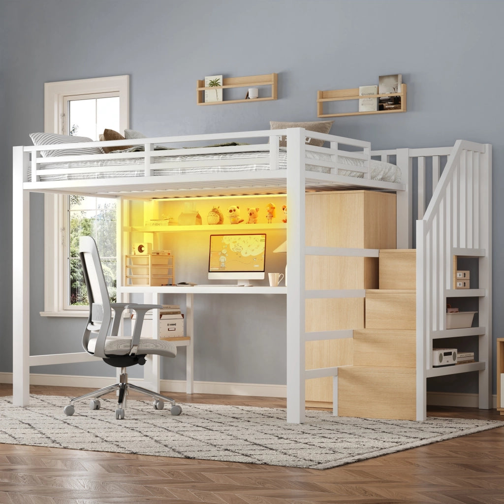 LETTO A CASTELLO 140x200 cm Bianco con scrivania, armadio, scaffale e LED