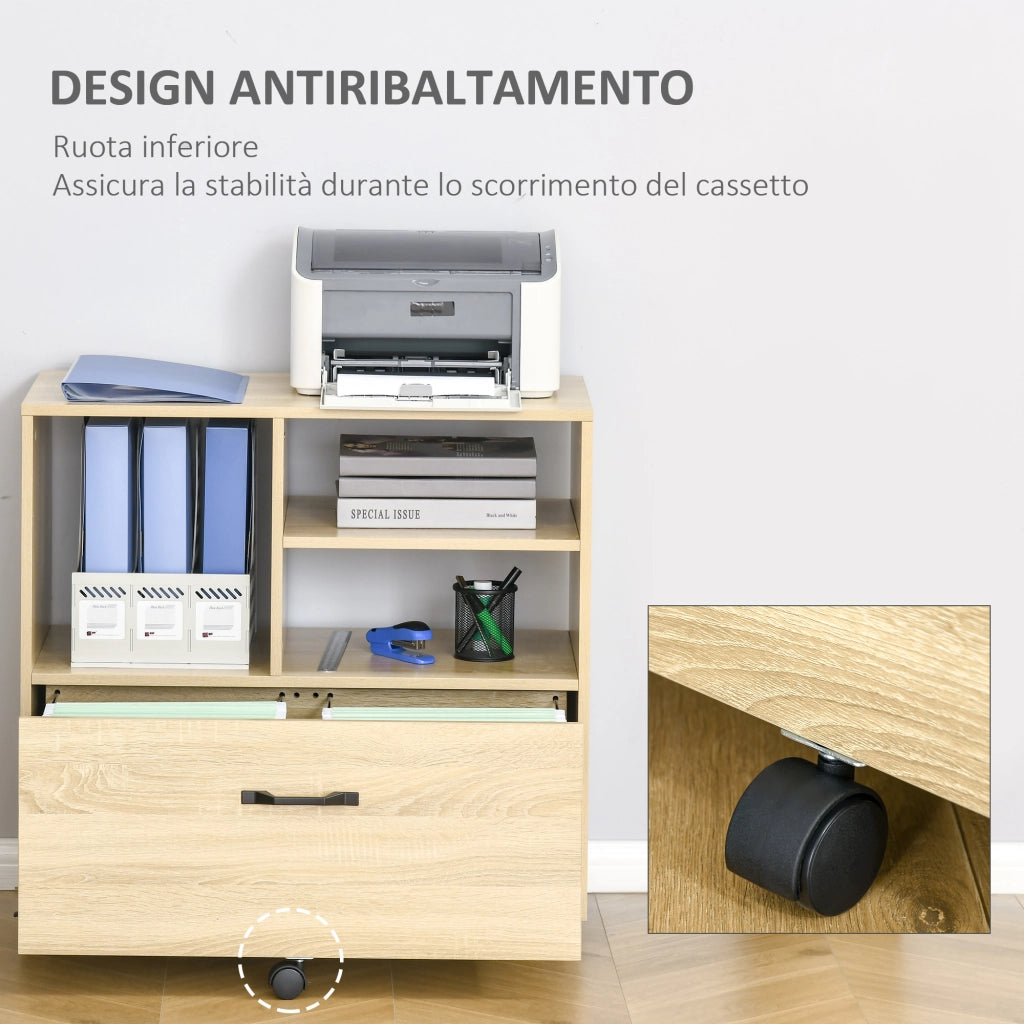 Cassettiera Mobile con Ruote Porta Stampante ¨C Xylo ¨C 5 Ruote, Cassetto e Ripiano, Legno, 77x40x73cm