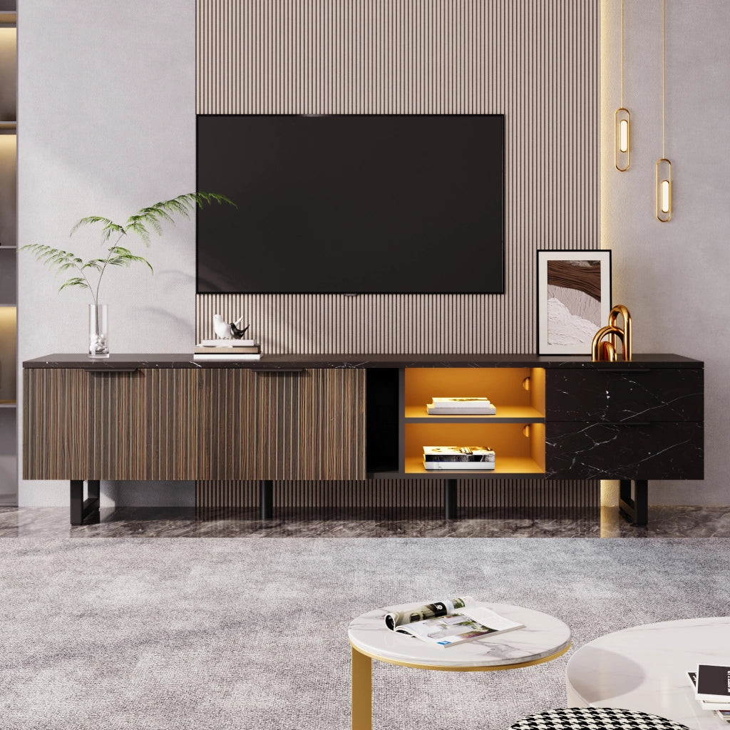 Cassettiera per TV nera e legno; in MDF; lunghezza 200 cm