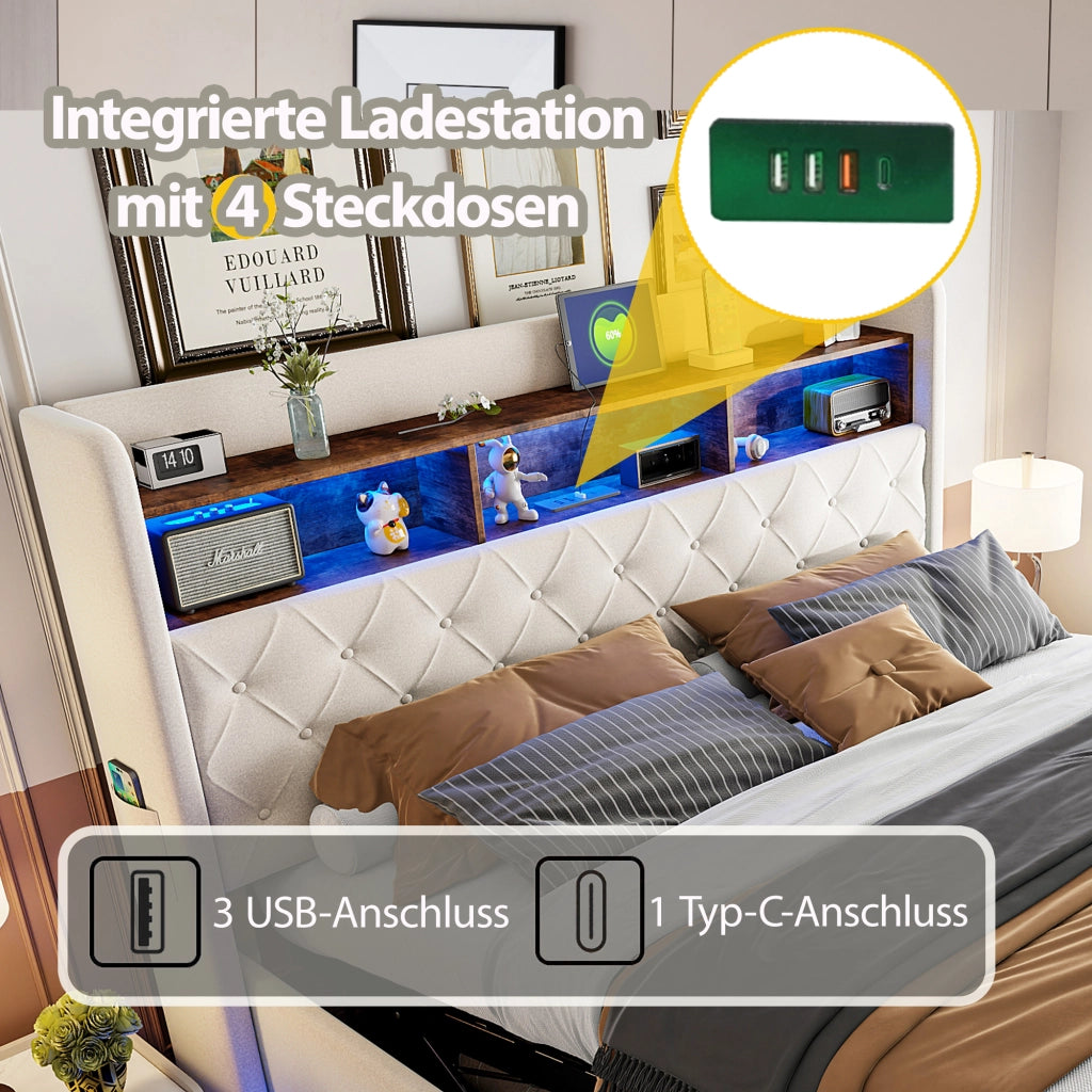LETTO Imbottito 180x200 cm Beige con LED, USB e vano contenitore