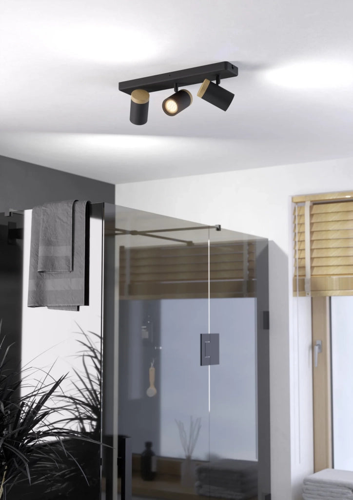 Faretti E Spot Moderno Consuma Metallo Nero Legno Marrone 3 Luci Gu10 Ip44