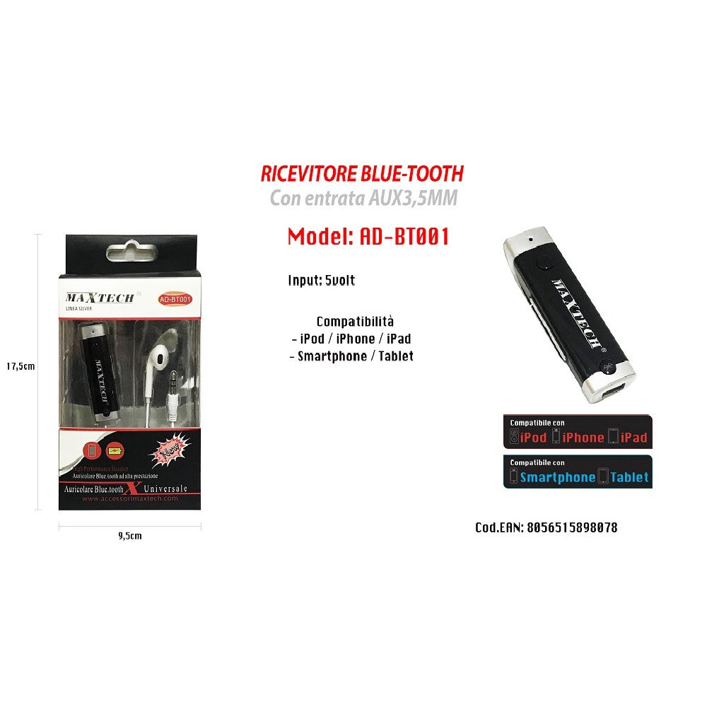 Trade Shop - Kit Auricolari Con Jack 3,5mm Adattatore Bluetooth Smartphone Maxtech Ad-bt001 -