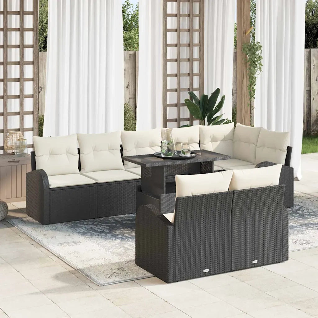 Set Divano da Giardino 9 pcs Nero e Crema polyrattan