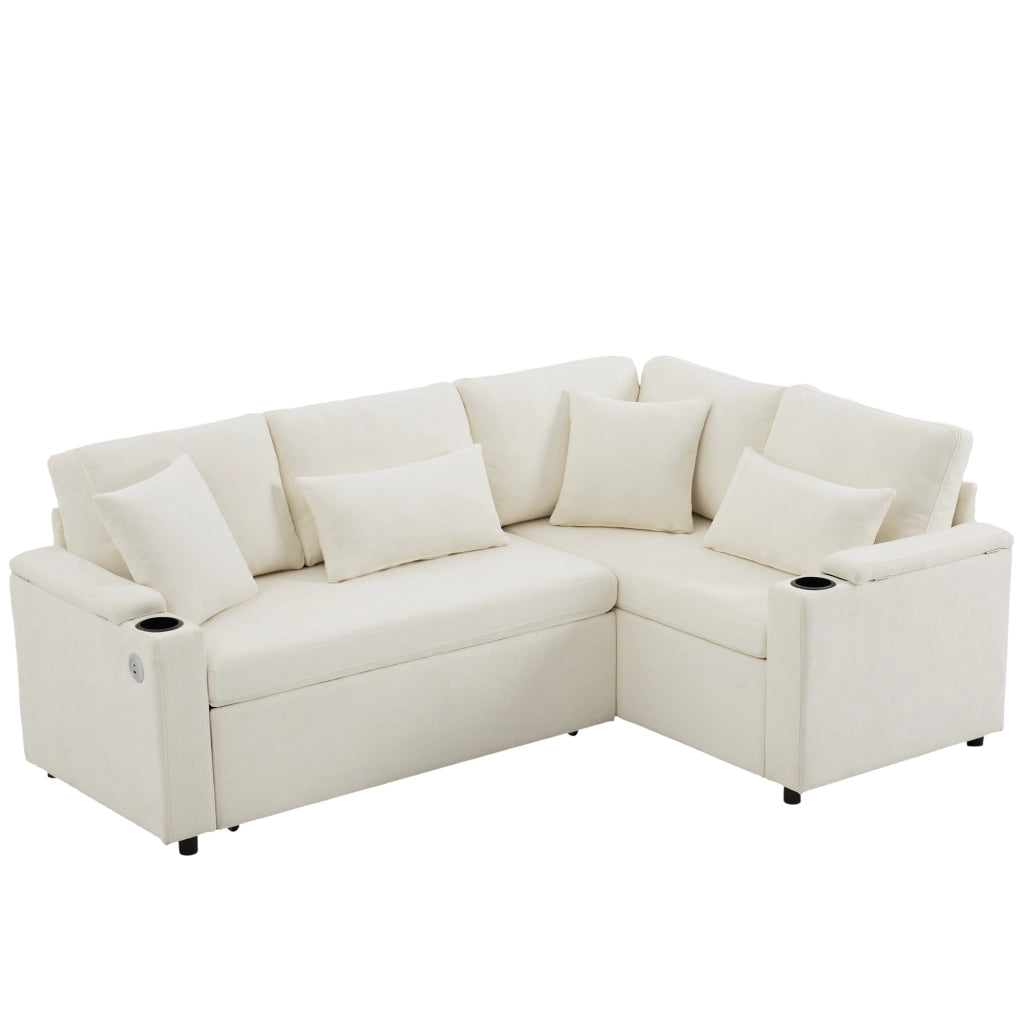 Divano angolare convertibile con vano contenitore, portabicchieri e USB, in Chenille, Beige