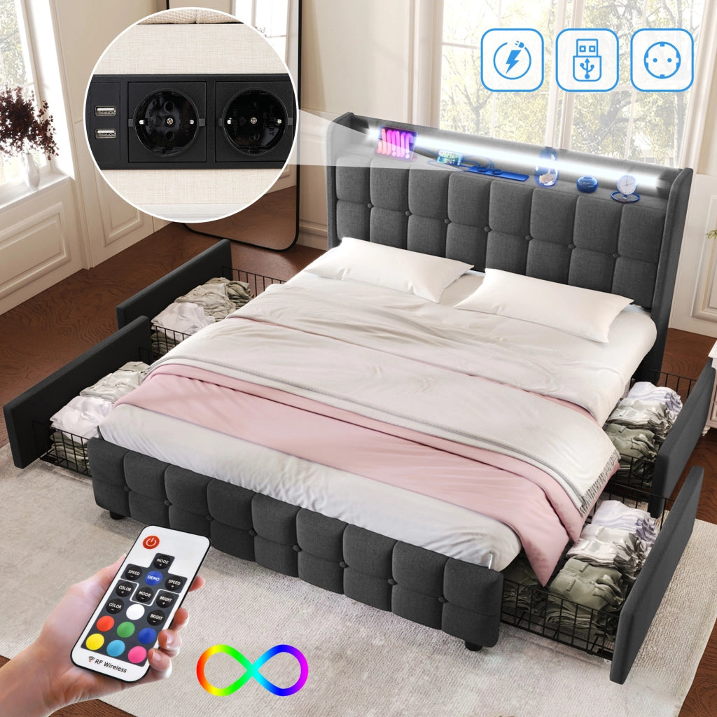 LETTO 160x200 cm Grigio in legno con 4 cassetti, LED, USB e prese