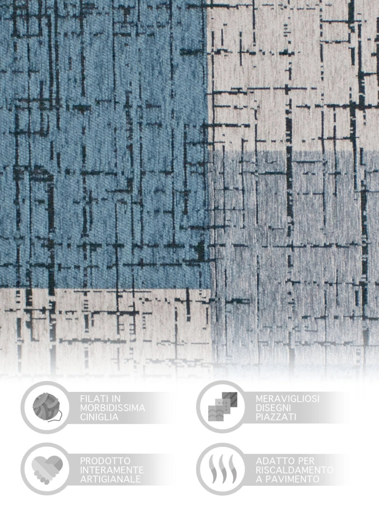 Tappeto Arredo Moderno Morbido in Ciniglia Ingresso Antiscivolo Prodotto Italiano  Soggiorno Camera Salotto Disegni Piazzati Cotone Varie Misure Grande Mondrian/Azzurro - 175x280 cm