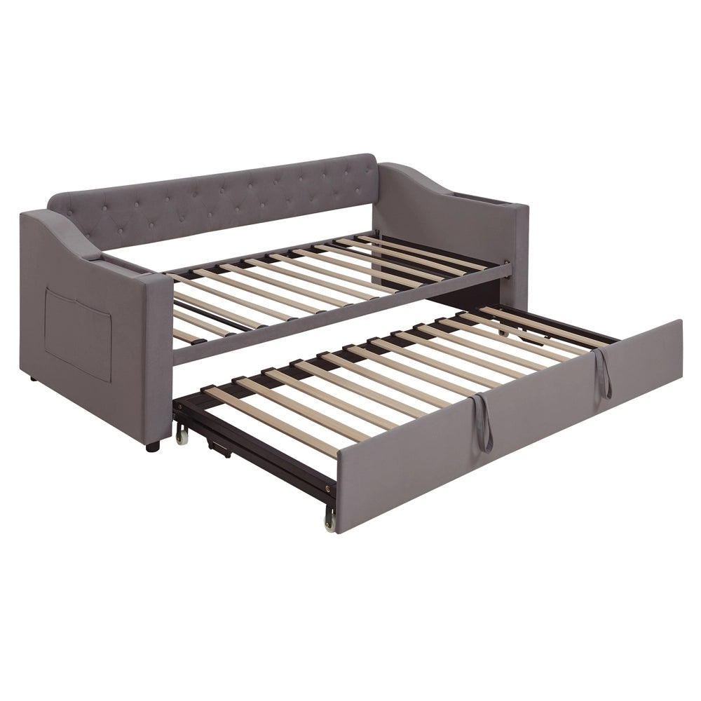 Divano letto - Xylo - 90/180x190 cm braccioli USB velluto grigio scuro