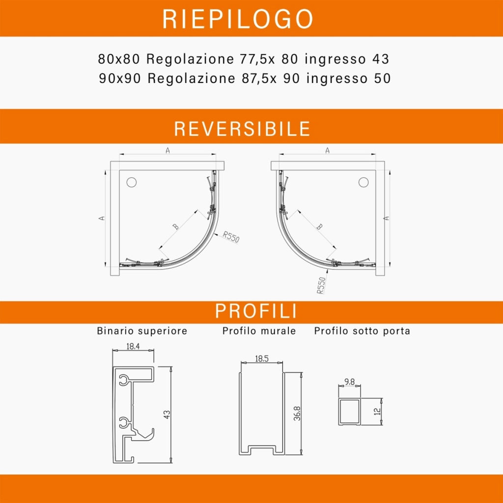 Box doccia semicircolare di design trasparente 6mm h195 icon, misura 90x90