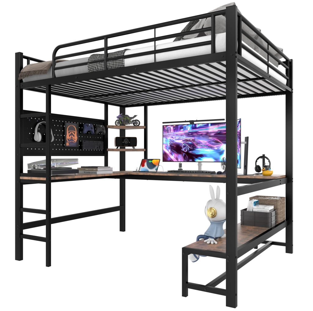 Letto a soppalco 140x200 cm in metallo con scrivania; LED; USB Type-C e ripiani; nero