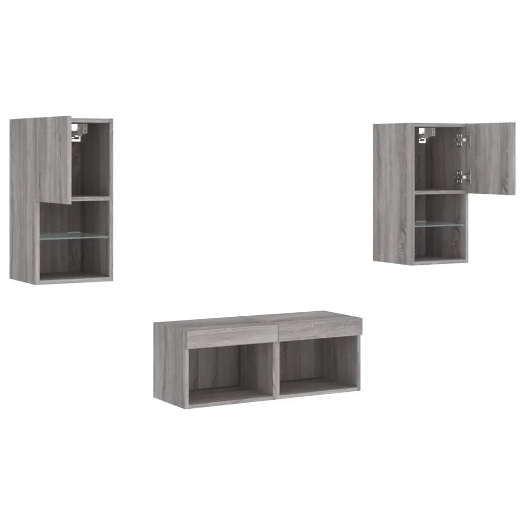 Mobili TV a Muro 4pz con Luci LED Grigio Sonoma