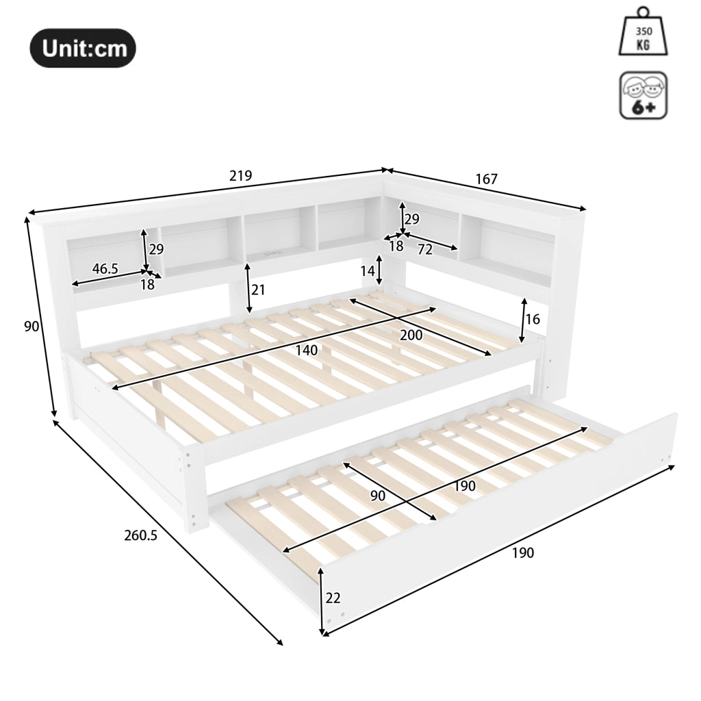 Divano letto estraibile - Zephmum- 140x200 cm- Bianco- Con presa e 2 porte USB
