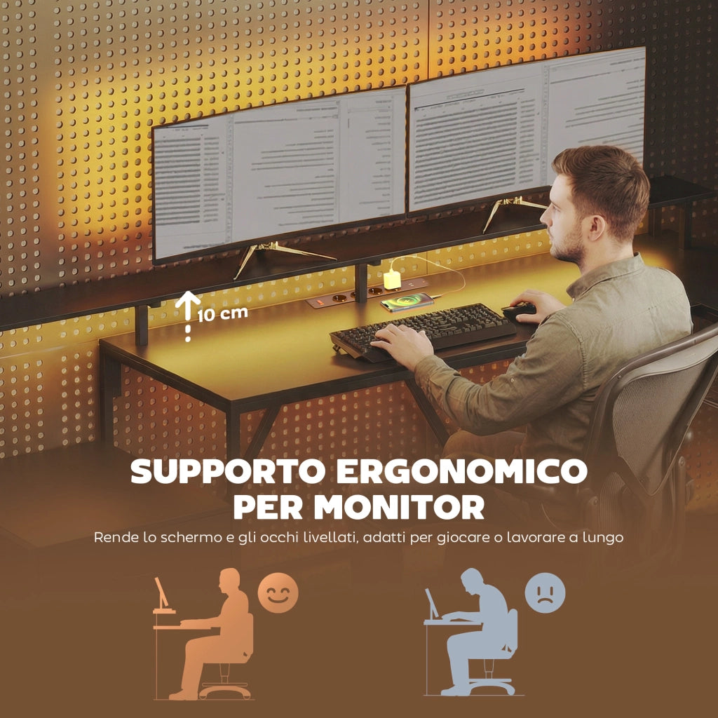 Scrivania Gaming Angolare con Hub di Ricarica, Luci LED e Supporto Monitor, in Legno e Acciaio, 192.5x80x86.5 cm, Nero