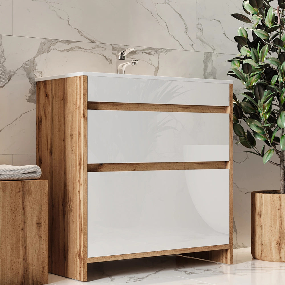 Mobiletto per lavabo Detmold Rovere dorato 2 parti, mobile base 80 cm Vicco
