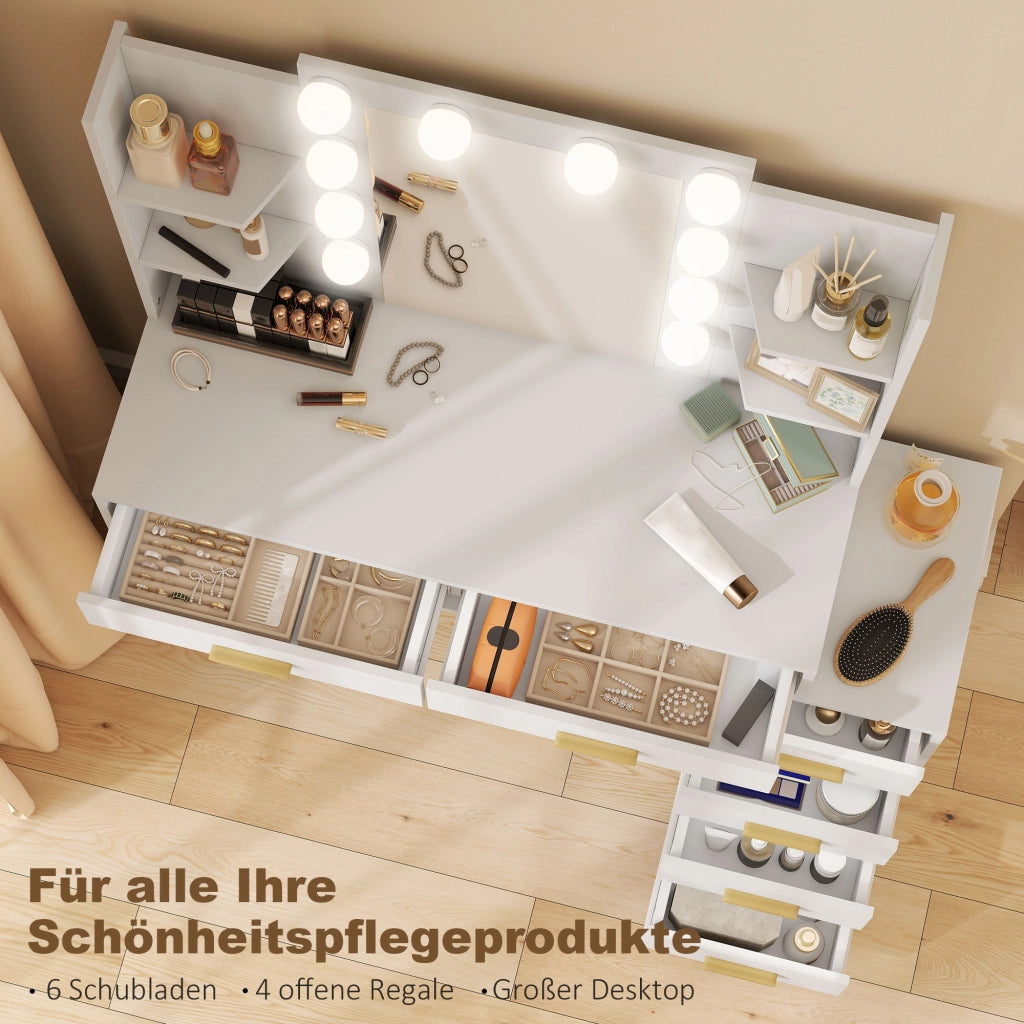 Scrivania Trucco con Specchio Illuminato e Sgabello Imbottito ¨C Minimal ¨C Bianco 6 Cassetti