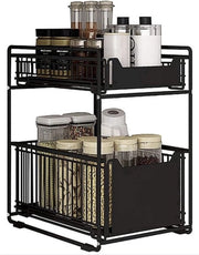 Organizzatore per ripostigli sottoscala a 2 livelli, cassetto estensibile, contenitore metallico scorrevole per la cucina, il bancone, la zona di servizio, la bagno, l'ufficio, il desktop (nero)