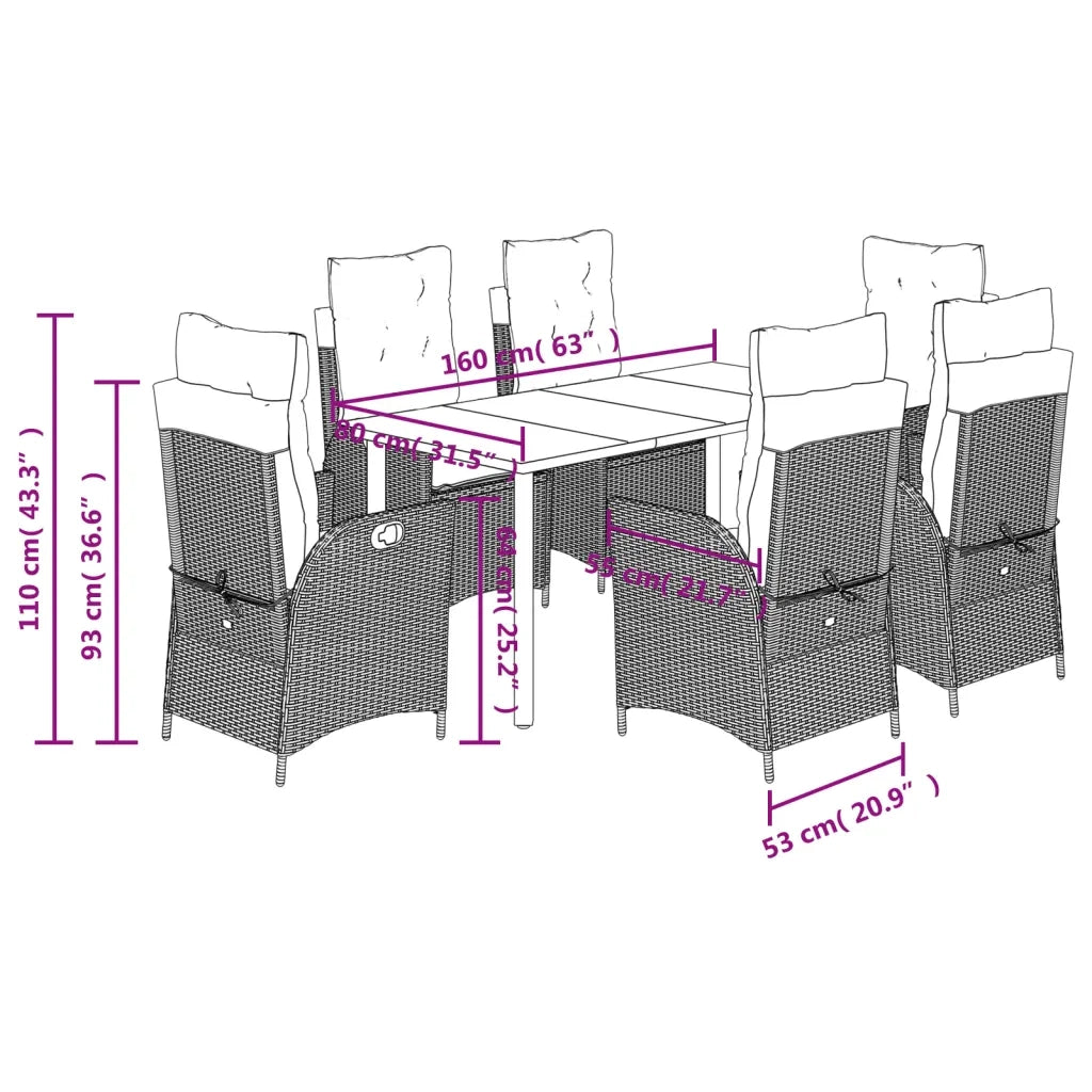 Set da Pranzo da Giardino 7 pz Nero con Cuscini in Polyrattan 3213169