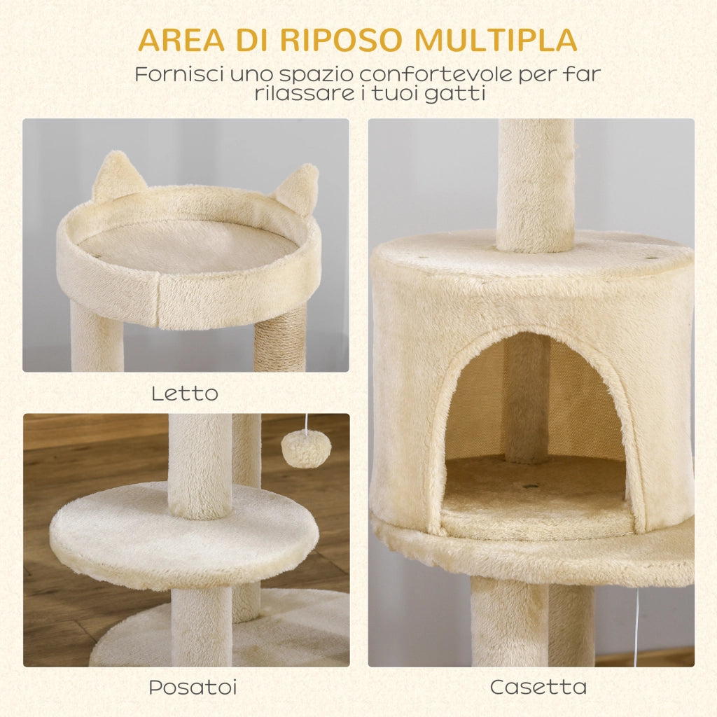 Albero Tiragraffi per Gatti con Cuccia e Piattaforma ¨C Minimal ¨C 104 cm Bianco