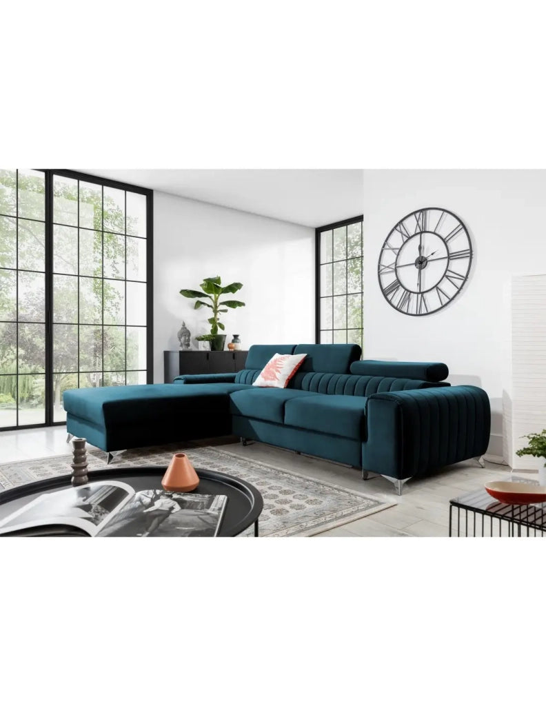 Divano ad angolo sinistro Blu scuro convertibile 3 posti JAYSON con contenitore integrato