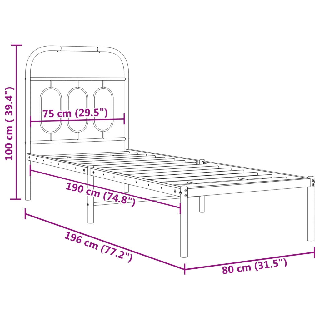 Letto singolo | Letto per adulti | Giroletto senza Materaso con Testiera Metallo Bianco 75x190 cm