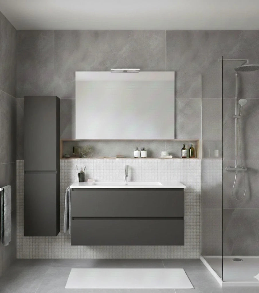 Mobile Bagno LOKI Già Montato 2 cassetti con piedini, lavabo e specchio Grafite 80x45 cm con colonna