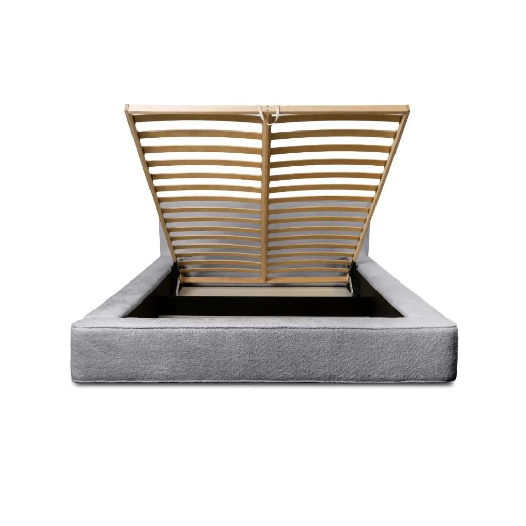 Letto contenitore VELORA – Grigio perla bouclé – 160x200 cm – Tessuto velluto morbido – Rete sollevabile – Spazio di stoccaggio integrato