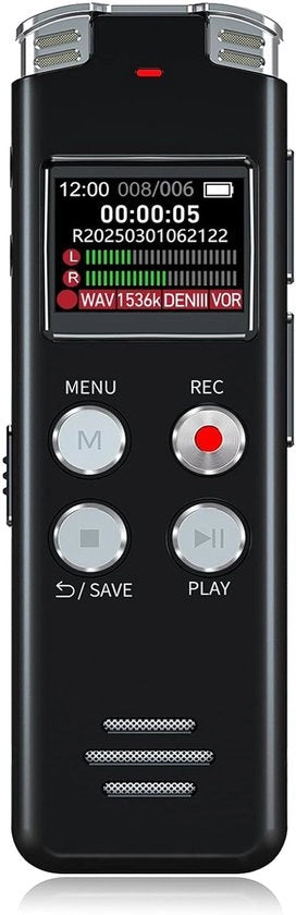 Registratore di Voce Digitale - Mini Registratore di Voce con Riduzione del Rumore - Attivazione della Voce - 7 Niveaux di Miglioramento dell'Audio e Lunga Durata della Batteria - 64 GB - Per Collegi, Riunioni, Interviste e Note