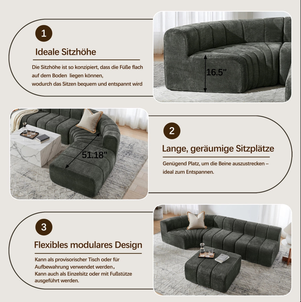Divano angolare modulare 4 posti con moduli combinabili senza schienale e imbottitura elastica in chenille nero