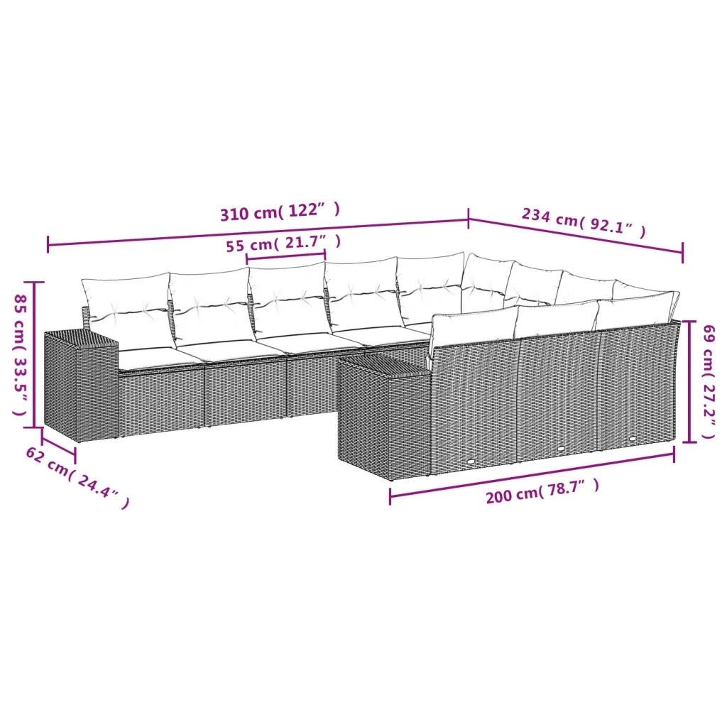 Set Divani da Giardino 10pz con Cuscini in Polyrattan Nero 3255422