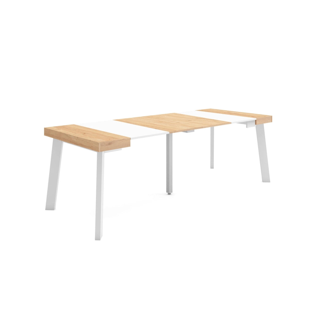 Consolle allungabile, 222x90x73cm, Per 10 persone, Gambe in legno, colore Rovere e bianco RF3015