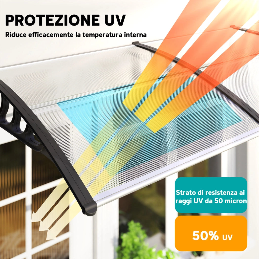 Tettoia per Balcone in Policarbonato e Alluminio ¨C Minimal ¨C 303x96x27 cm, Nera e Trasparente