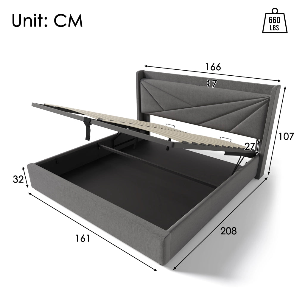 LETTO Contenitore 160x200 cm Grigio Cotone-Lino con USB e Tipo-C