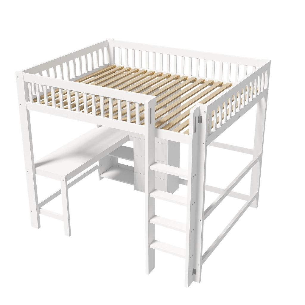 OKWISH Letto a soppalco 140×200 cm, Letto matrimoniale con Scrivania, 3 Cassetti, Mensole e Scala, senza Materasso, in Pino, Bianco