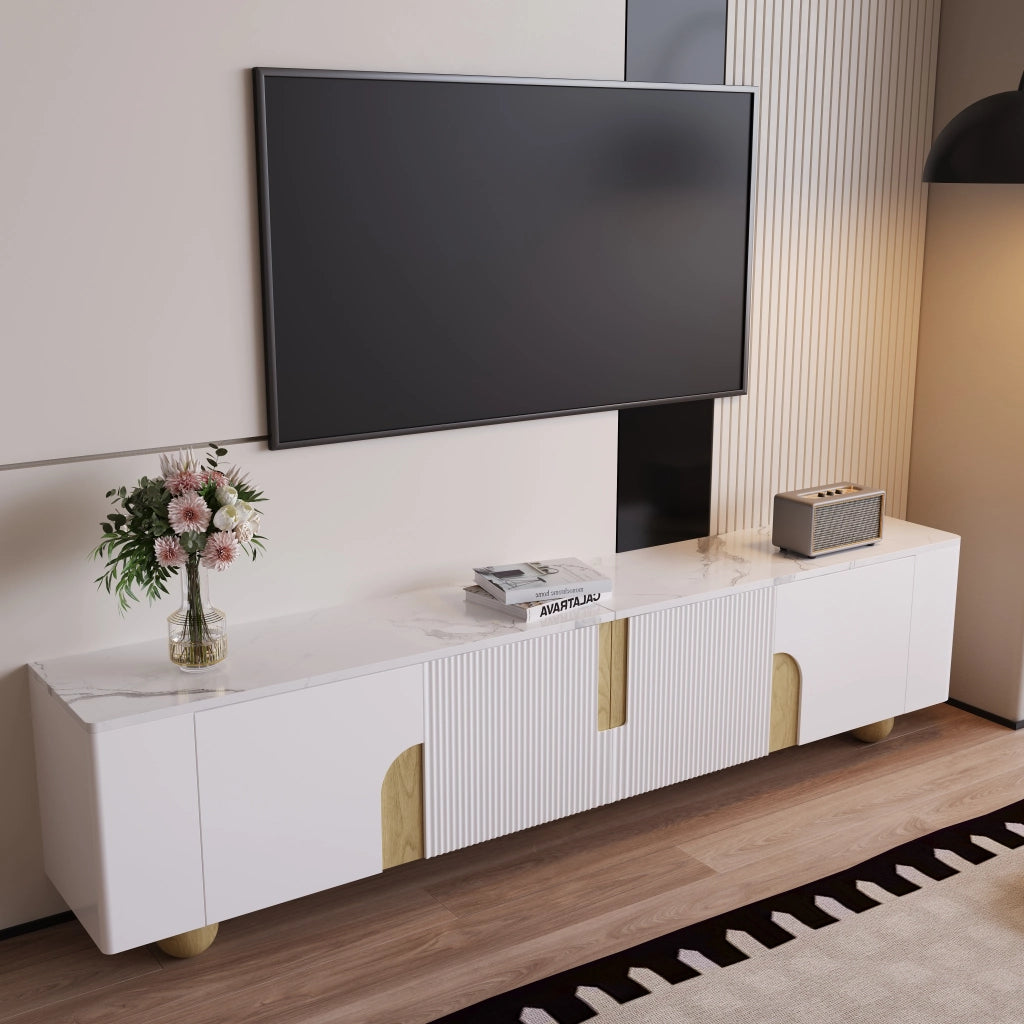 Cassettiera per TV bianca e legno; MDF e truciolare; lunghezza 180 cm