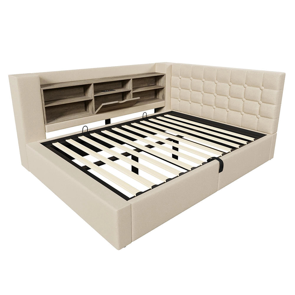 Letto imbottito-Xylo-140x200cm LED idraulico testiera a L lino beige senza materasso