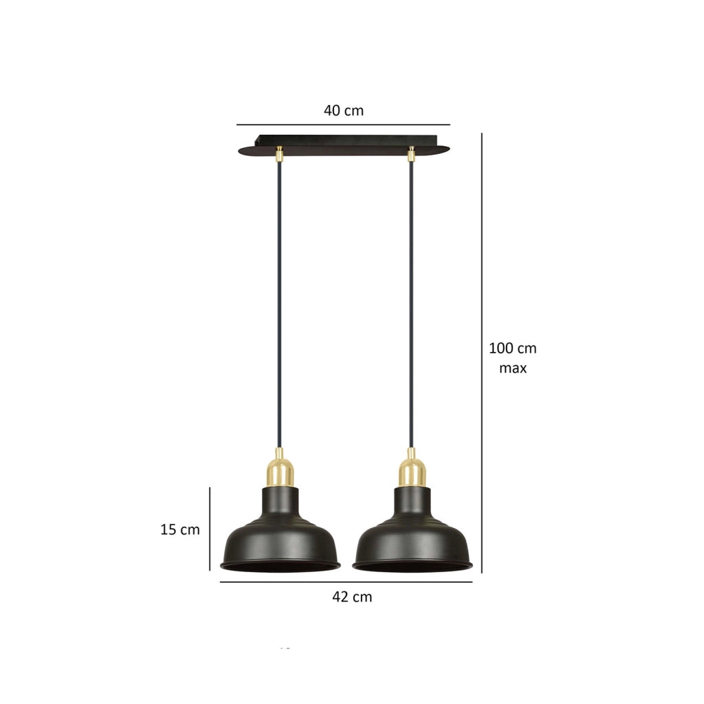 Lampadario Industrial 2 Luci Kubera In Acciaio Nero Con Elementi In Oro