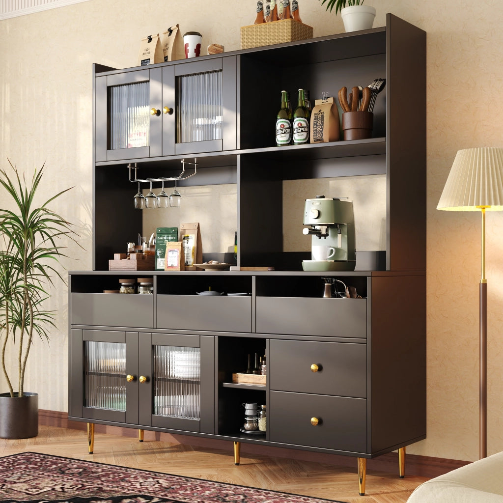 Mobile Alto da Pranzo ¨C Xylo ¨C Nero con Decoro Oro, Ante in Vetro, Porta Calici, 145x39x171
