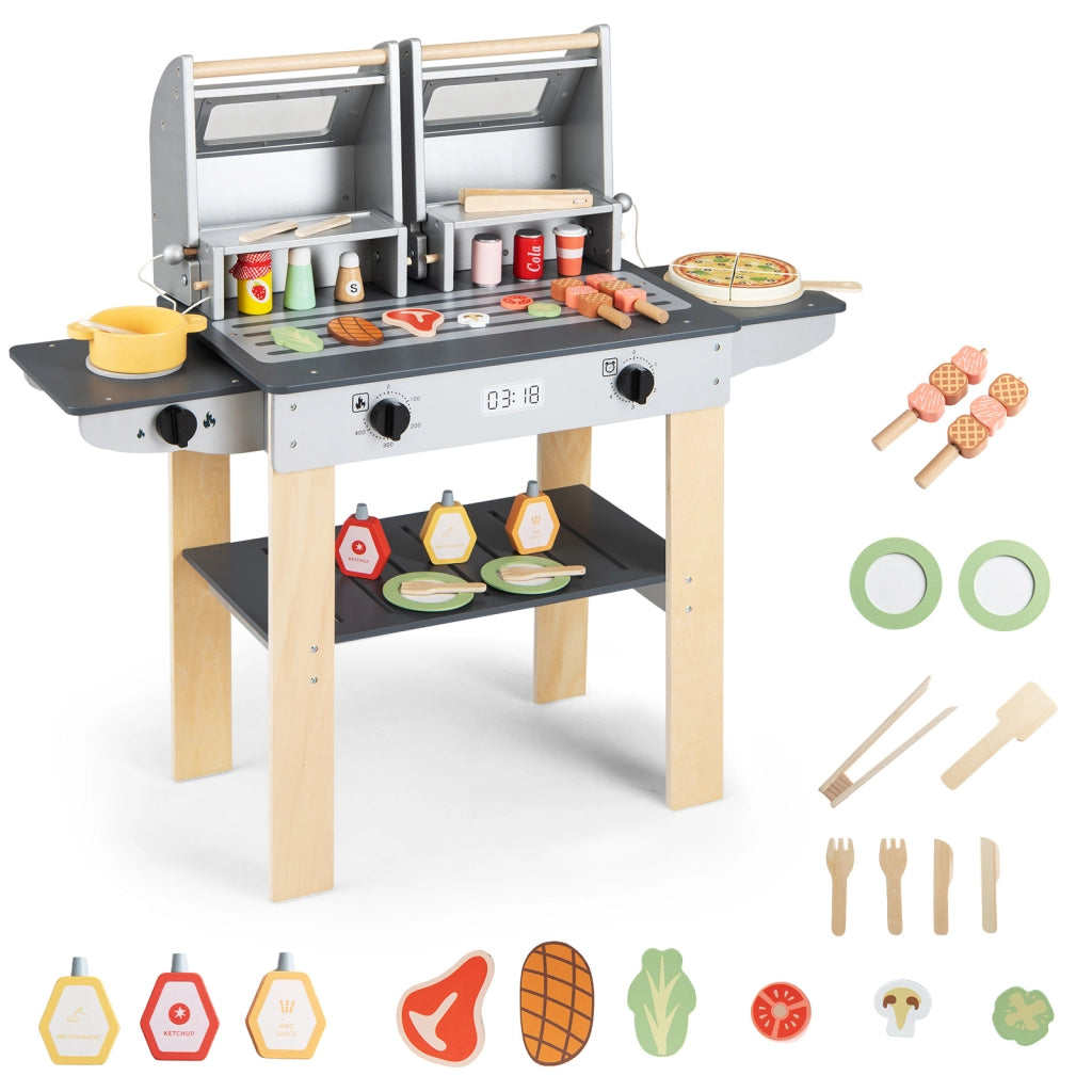 Set di gioco per barbecue in legno per bambini con ricchi accessori, Gioco di griglia per bambini cibi giocattolo con 2 grill Grigio