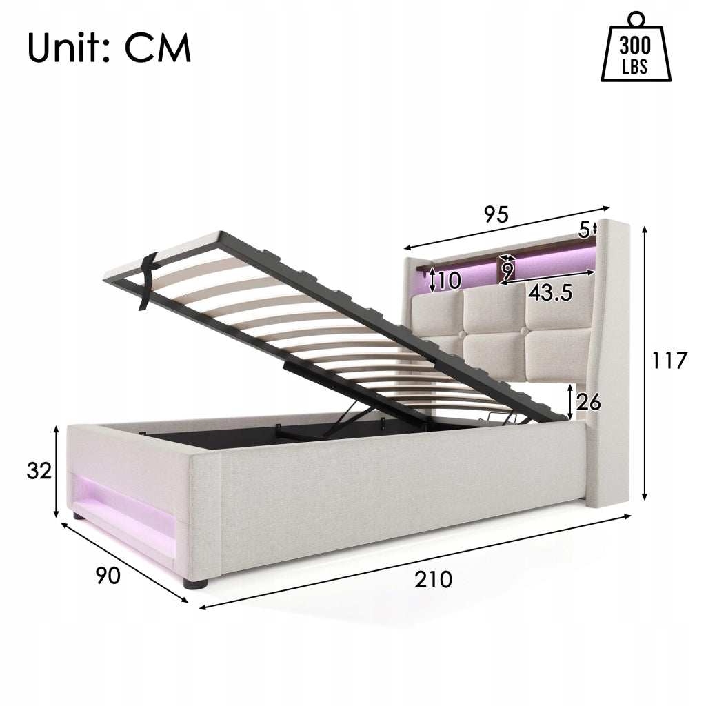 Letto imbottito con USB e LED - Xylo - 90x200 cm con materasso