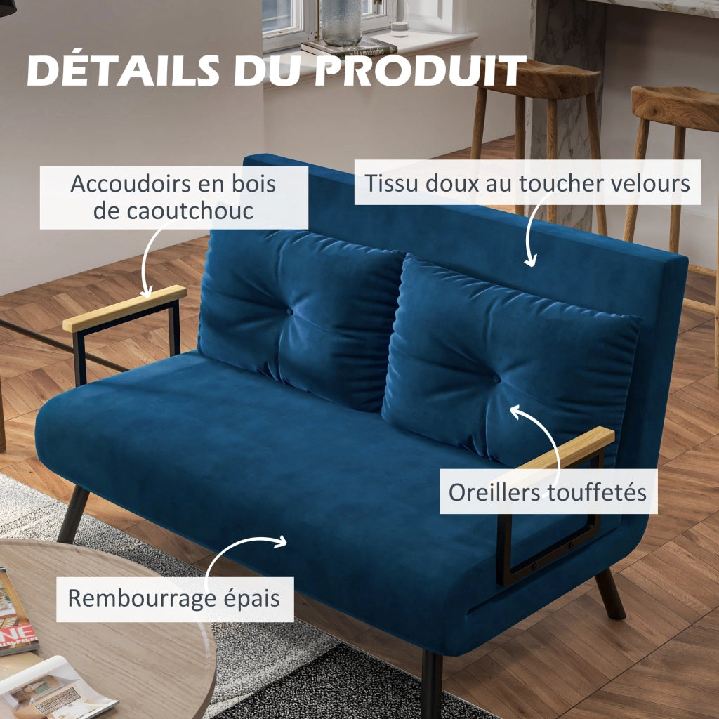 Divano letto 2 posti con schienale regolabile e cuscini ¨C Minimal ¨C blu velluto