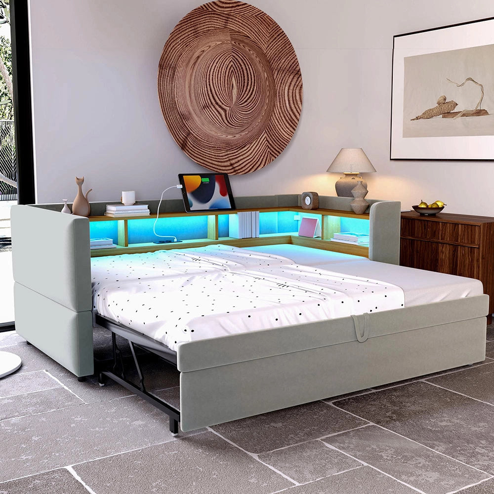Divano letto - Xylo - 90/180x190 cm LED USB grigio chiaro