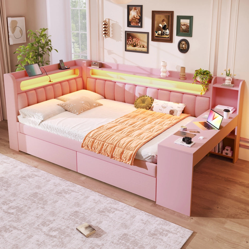 Letto imbottito 140x200 - Zephmum - Rosa con USB, LED, scrivania e 2 cassetti