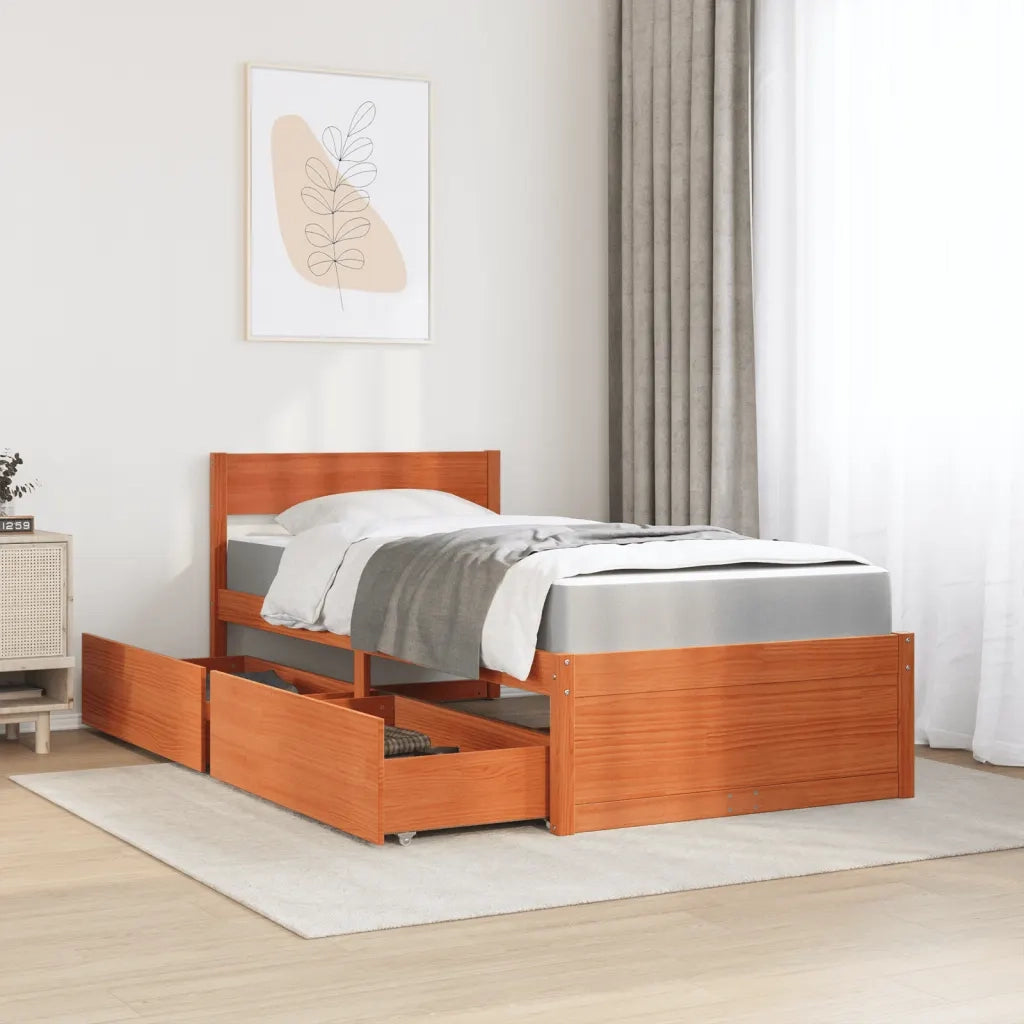 Letto Cassetti e Materasso Marrone Cera 100x200cm Massello Pino